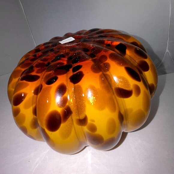 Hand Blown Orange Brown Glass Pumpkin Long Stem Autumn 9" X 7" Thanksgiving - Picture 8 of 13